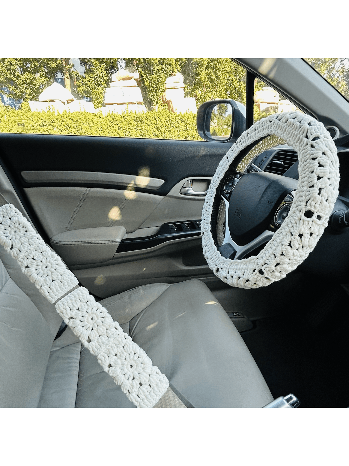 Handmade Crochet Steering Wheel Cover And Seat Belt Cover Headrest Cover Car Decor Set