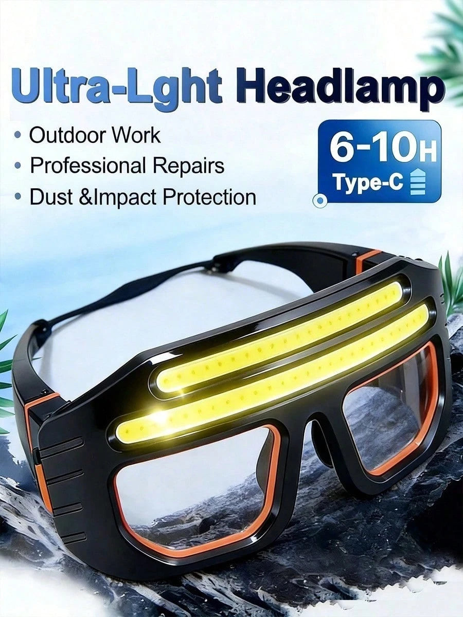 Hands Free Light Glasses H77 Dual COB Light Type C Charging Port Adjustable Headband Lightweight Ergonomic Design 130g Weight ABS Construction Night Reading Camping Fishing Hiking