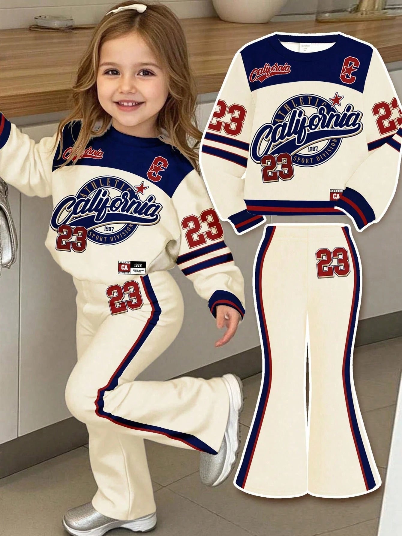 Happikins 23 Graphic White Back-To-School Baby Girl Autumn Casual Outfit,Retro Athletic Tracksuit,Minimalist Soft Knit Pullover,Winter Fashion Outfit