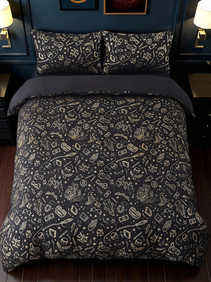 HARRY POTTER X 3pcs Metallic Print Duvet Cover Set, Black Duvet Cover, Soft & Cozy, Warm & Machine Washable, Suitable For Twin/Full/Queen/King Size Bed, Dorm/Home
