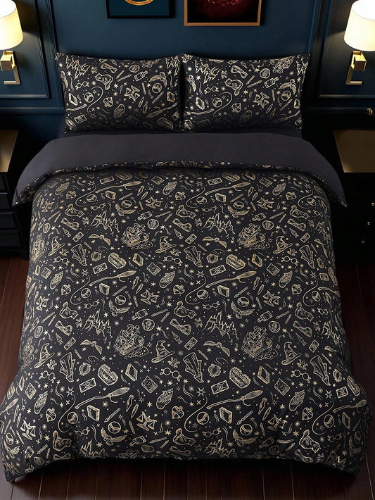 HARRY POTTER X 3pcs Metallic Print Duvet Cover Set, Black Duvet Cover, Soft & Cozy, Warm & Machine Washable, Suitable For Twin/Full/Queen/King Size Bed, Dorm/Home