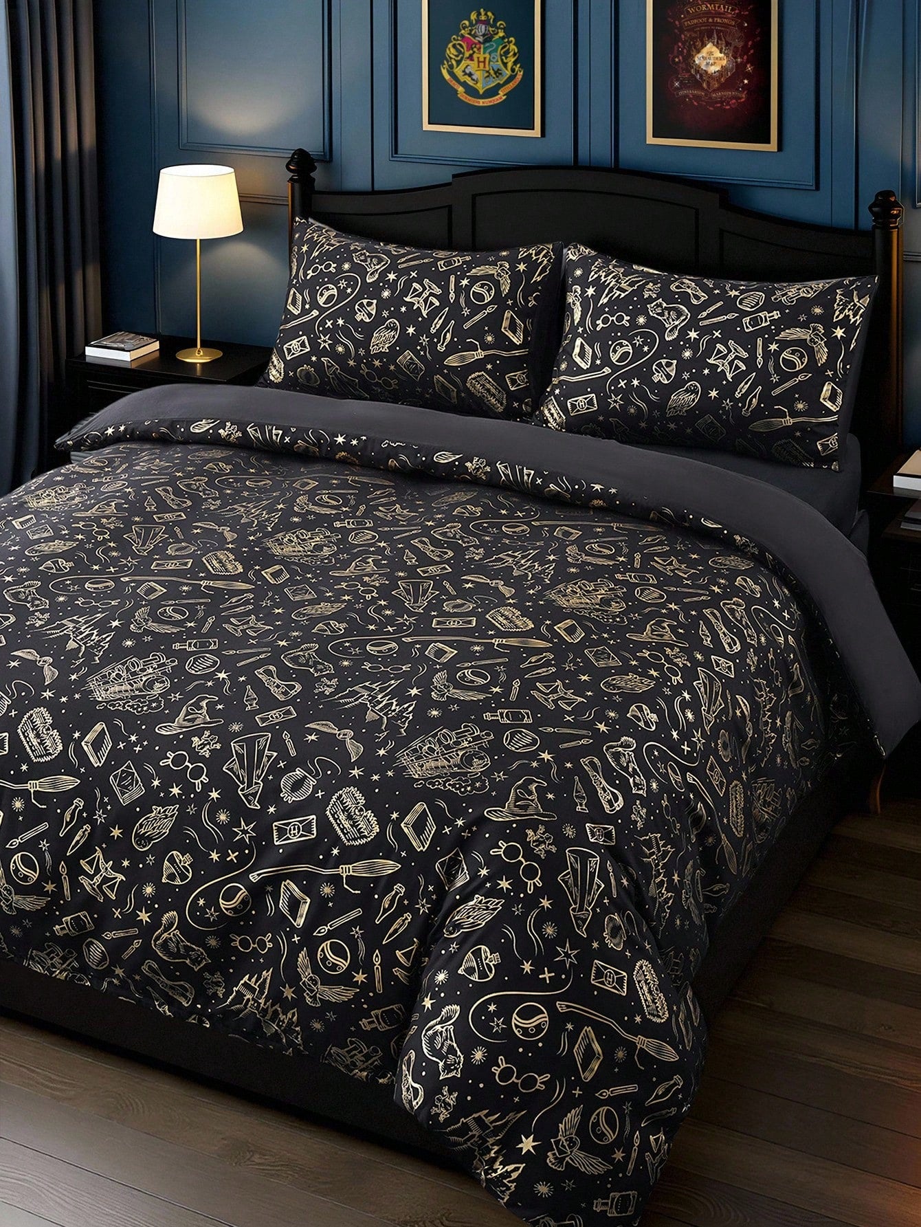 HARRY POTTER X 3pcs Metallic Print Duvet Cover Set, Black Duvet Cover, Soft & Cozy, Warm & Machine Washable, Suitable For Twin/Full/Queen/King Size Bed, Dorm/Home
