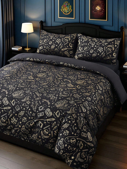 HARRY POTTER X 3pcs Metallic Print Duvet Cover Set, Black Duvet Cover, Soft & Cozy, Warm & Machine Washable, Suitable For Twin/Full/Queen/King Size Bed, Dorm/Home