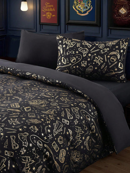 HARRY POTTER X 3pcs Metallic Print Duvet Cover Set, Black Duvet Cover, Soft & Cozy, Warm & Machine Washable, Suitable For Twin/Full/Queen/King Size Bed, Dorm/Home