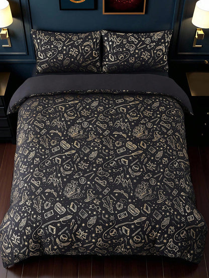 HARRY POTTER X 3pcs Metallic Print Duvet Cover Set, Black Duvet Cover, Soft & Cozy, Warm & Machine Washable, Suitable For Twin/Full/Queen/King Size Bed, Dorm/Home