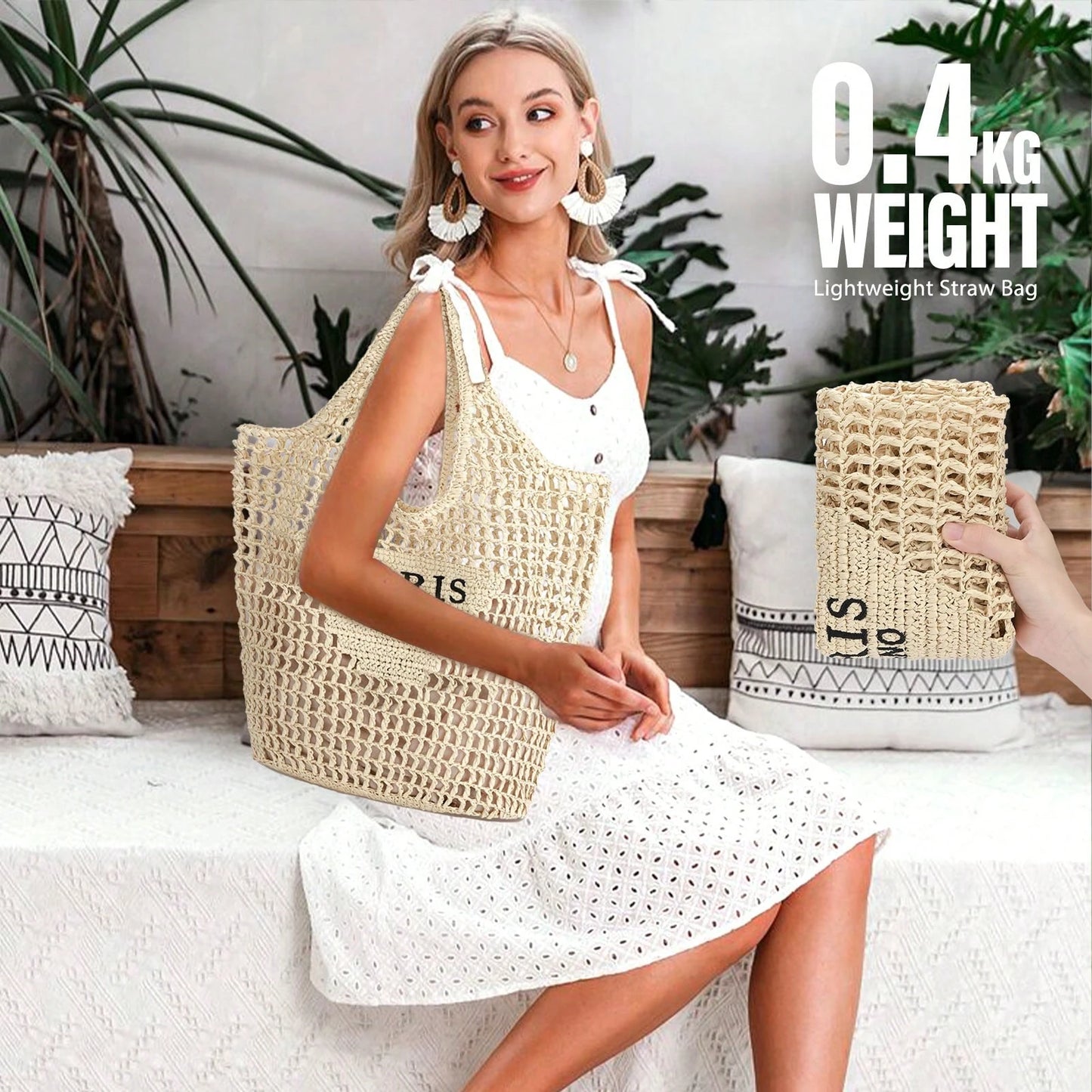 Hatisan Straw Beach Bag For Women Summer Woven Beach Tote Bag Shoulder Handbags Boho Bag