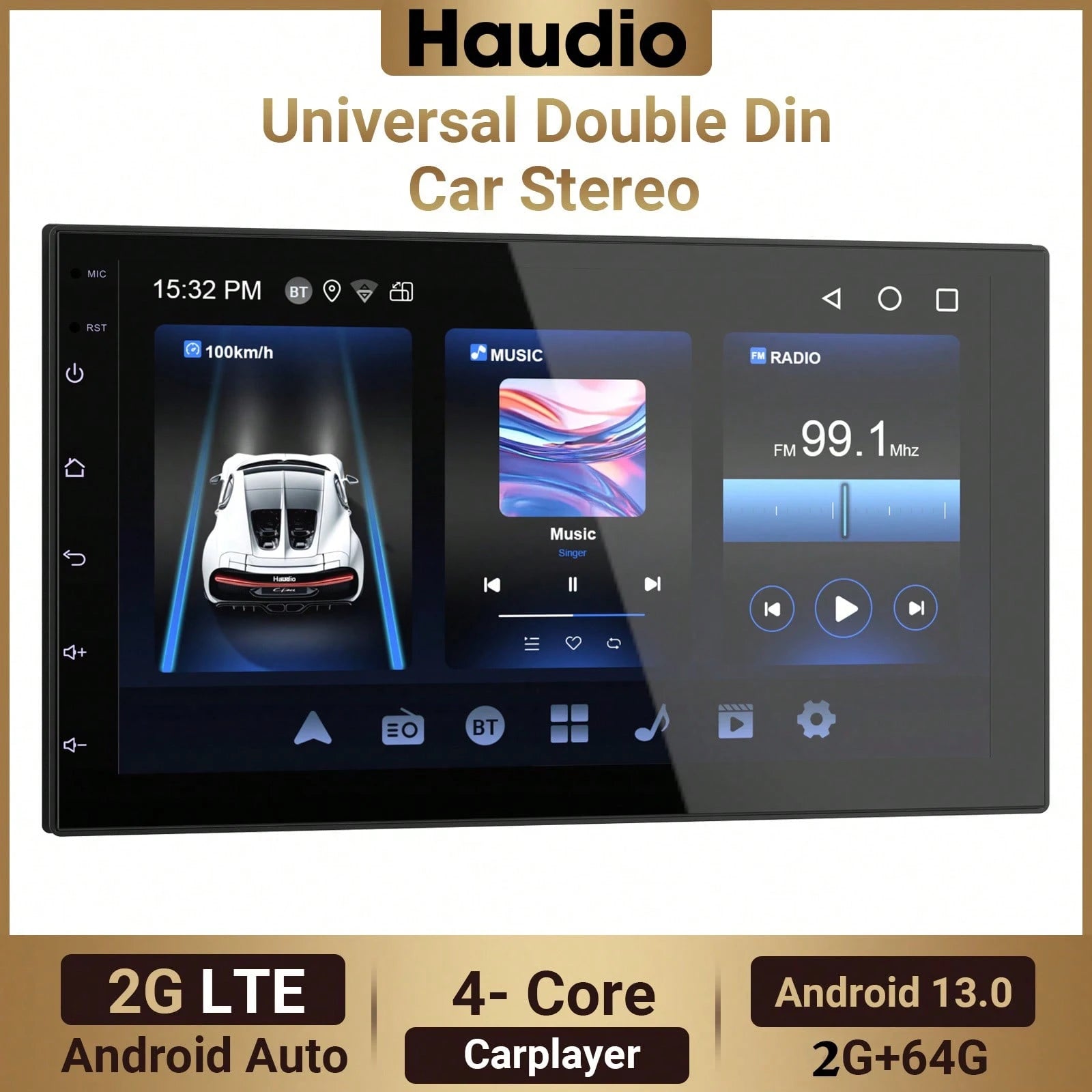 Haudio 2+64GB Android 13 Double Din Car Stereo Wireless Apple Carplay Android Auto 7 Inch Bluetooth Touchscreen Car Radio GPS Navigation HiFi WiFi FM Backup Camera