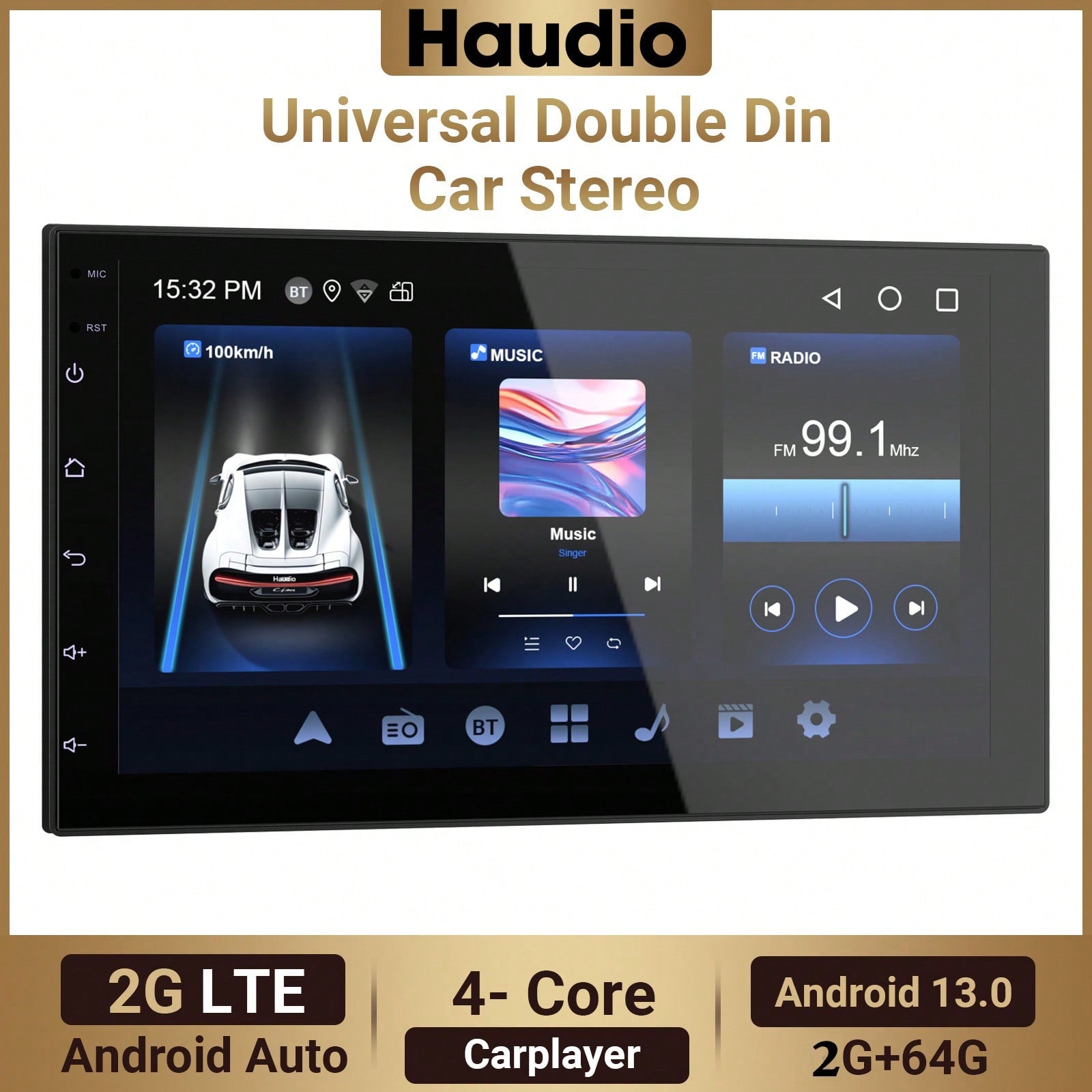 Haudio 2+64GB Android 13 Double Din Car Stereo Wireless Apple Carplay Android Auto 7 Inch Bluetooth Touchscreen Car Radio GPS Navigation HiFi WiFi FM Backup Camera
