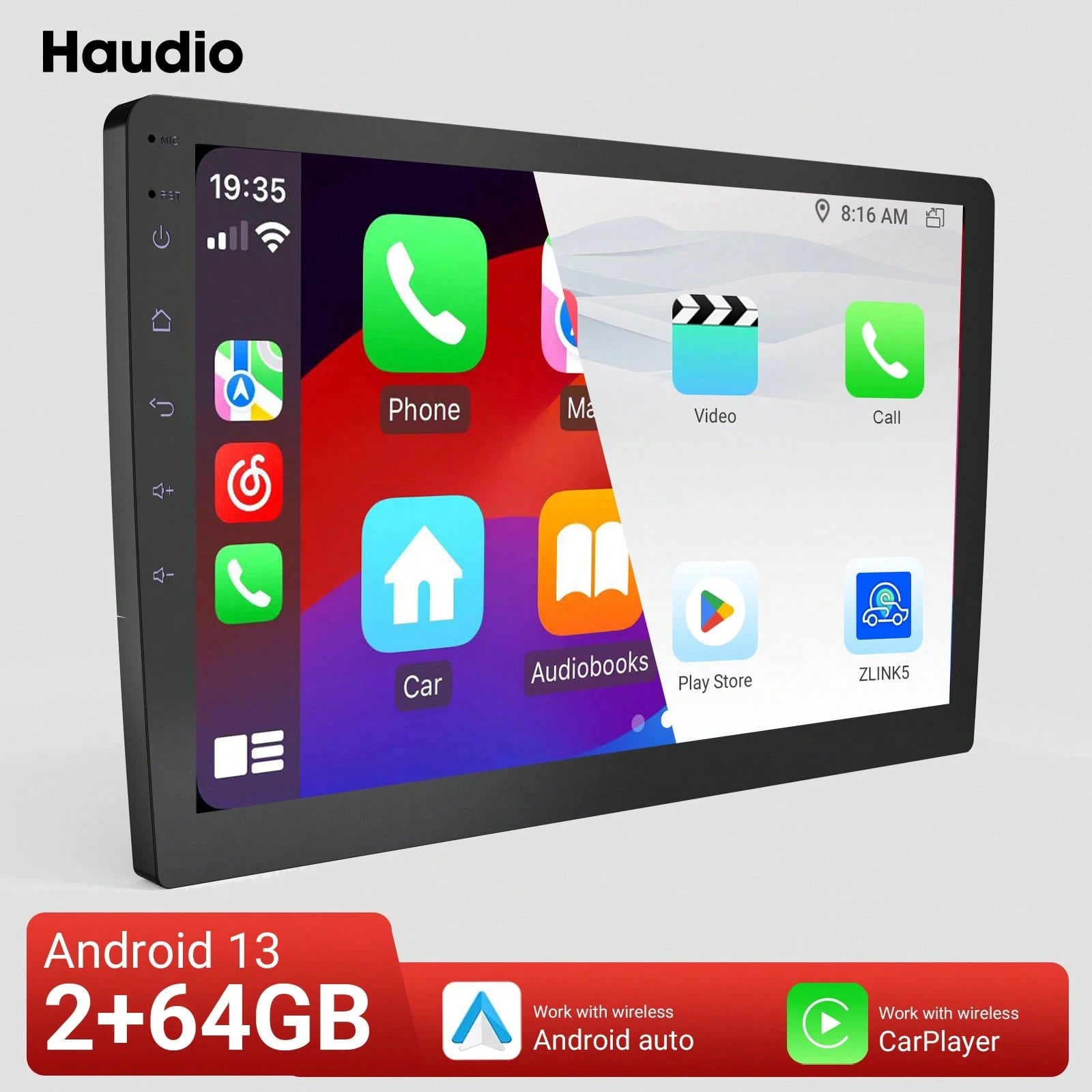 Haudio 9 Inch Wireless Carplay Android Auto Portable Car Stereo, Supports Carplay/Android Auto, With Voice Control, IPS Touch Screen, Mirrored Link Airplay WIFI/FM Synchronization, Supports Reverse Ca