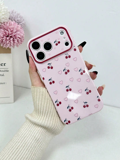 Heart-Shaped Cherry Minimalist Colorful Heart Side Large Window Shockproof Thick Protective Phone Case Compatible With IPhone 17pro/17Air/17/17promax16/11/16pro/16plus/16promax/16e/15Promax/13/14/12