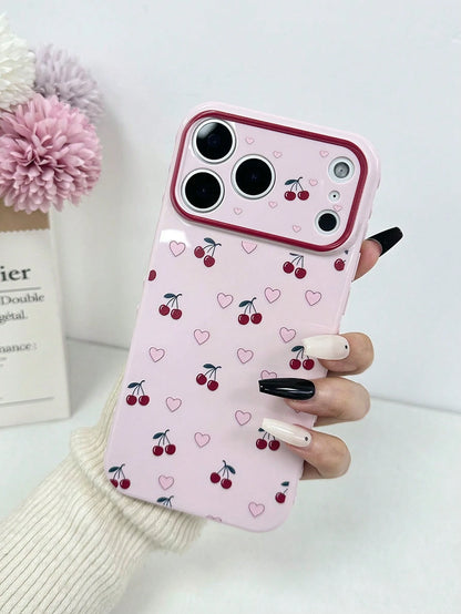Heart-Shaped Cherry Minimalist Colorful Heart Side Large Window Shockproof Thick Protective Phone Case Compatible With IPhone 17pro/17Air/17/17promax16/11/16pro/16plus/16promax/16e/15Promax/13/14/12