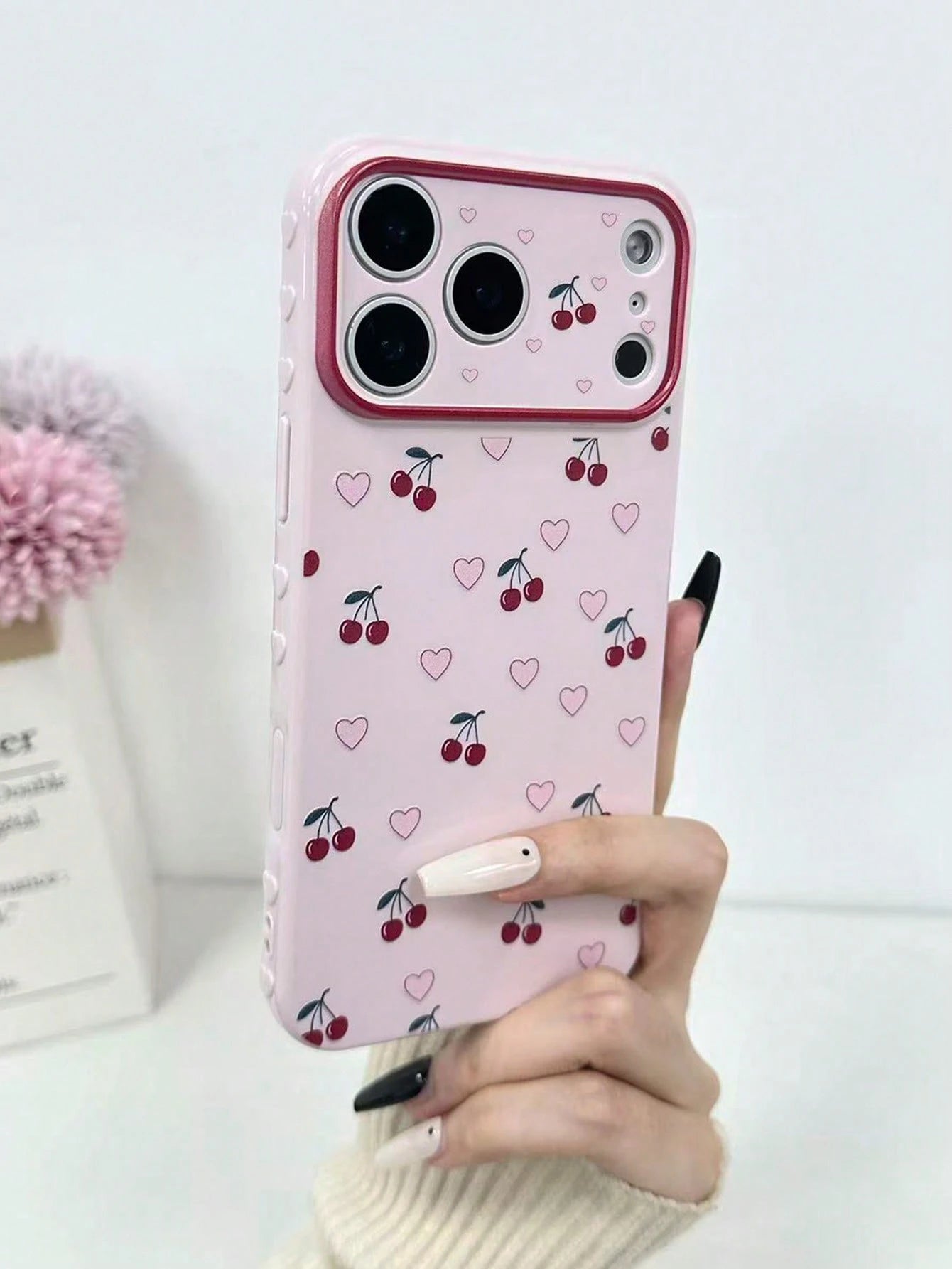 Heart-Shaped Cherry Minimalist Colorful Heart Side Large Window Shockproof Thick Protective Phone Case Compatible With IPhone 17pro/17Air/17/17promax16/11/16pro/16plus/16promax/16e/15Promax/13/14/12