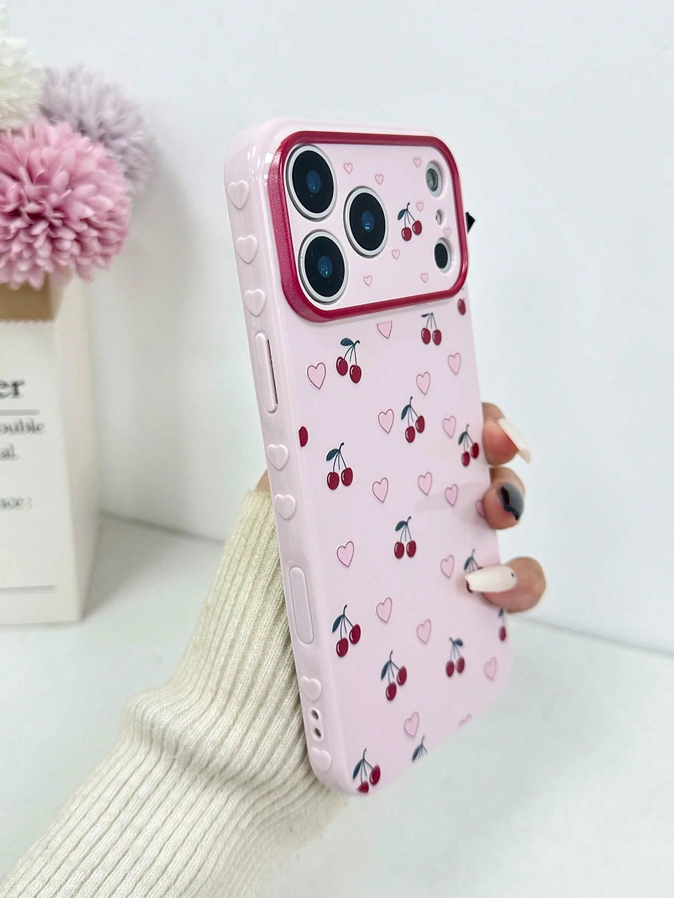 Heart-Shaped Cherry Minimalist Colorful Heart Side Large Window Shockproof Thick Protective Phone Case Compatible With IPhone 17pro/17Air/17/17promax16/11/16pro/16plus/16promax/16e/15Promax/13/14/12