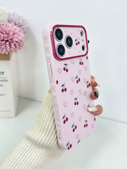 Heart-Shaped Cherry Minimalist Colorful Heart Side Large Window Shockproof Thick Protective Phone Case Compatible With IPhone 17pro/17Air/17/17promax16/11/16pro/16plus/16promax/16e/15Promax/13/14/12