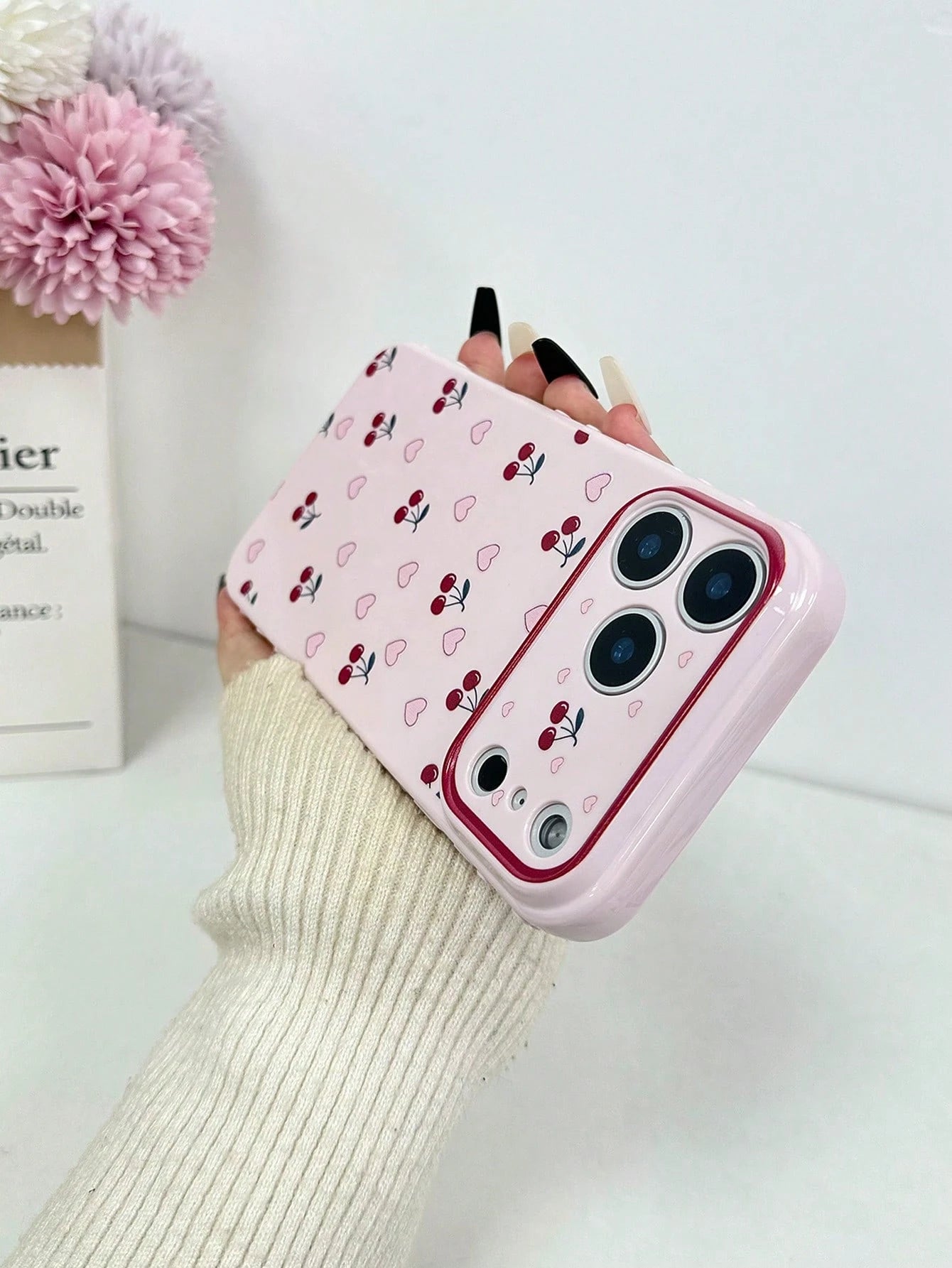 Heart-Shaped Cherry Minimalist Colorful Heart Side Large Window Shockproof Thick Protective Phone Case Compatible With IPhone 17pro/17Air/17/17promax16/11/16pro/16plus/16promax/16e/15Promax/13/14/12