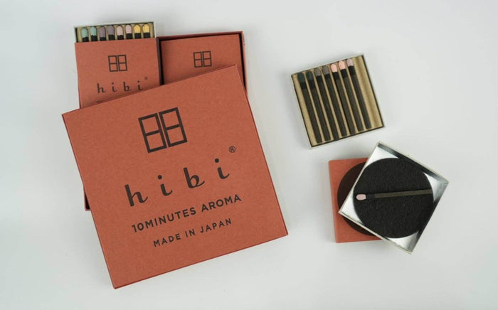 Hibi incense packaging with matches on a white background