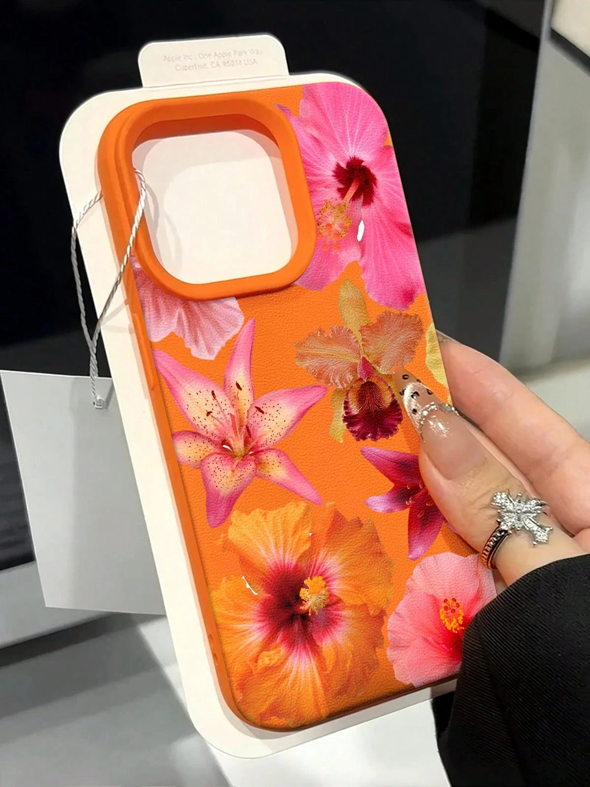 Hibiscus Flowers Pattern Faux Leather Phone Case For IPhone 17 16 15 14 13 12 11 Air Pro Max Plus Cute Gift For Teens TPU Soft Cover De Orange Cases For Women Pink Y2k Creative Red Fundas Para Shockpr