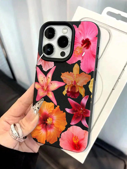 Hibiscus Flowers Pattern Faux Leather Phone Case For IPhone 17 16 15 14 13 12 11 Air Pro Max Plus Cute Gift For Teens TPU Soft Cover De Orange Cases For Women Pink Y2k Creative Red Fundas Para Shockpr