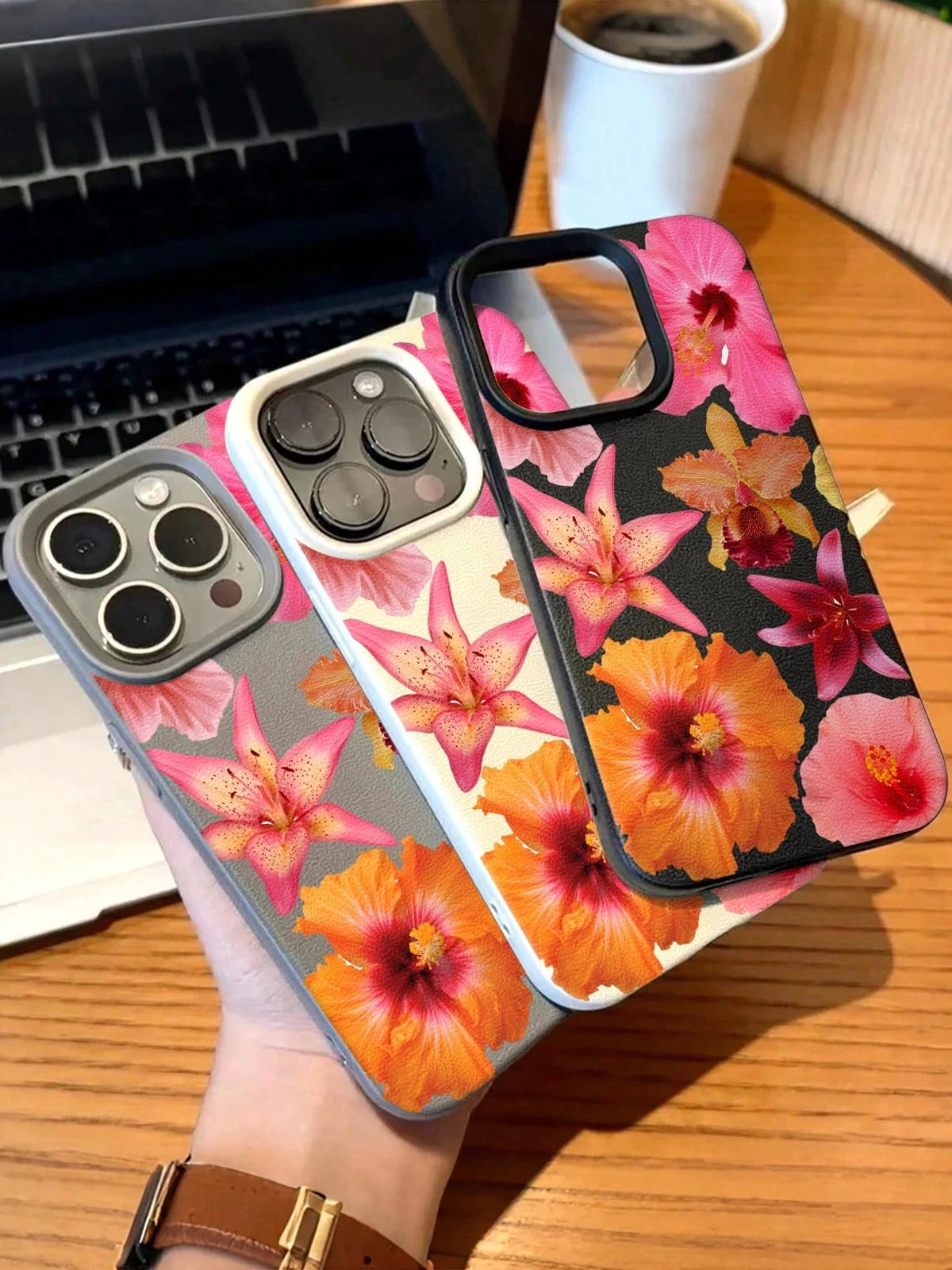 Hibiscus Flowers Pattern Faux Leather Phone Case For IPhone 17 16 15 14 13 12 11 Air Pro Max Plus Cute Gift For Teens TPU Soft Cover De Orange Cases For Women Pink Y2k Creative Red Fundas Para Shockpr