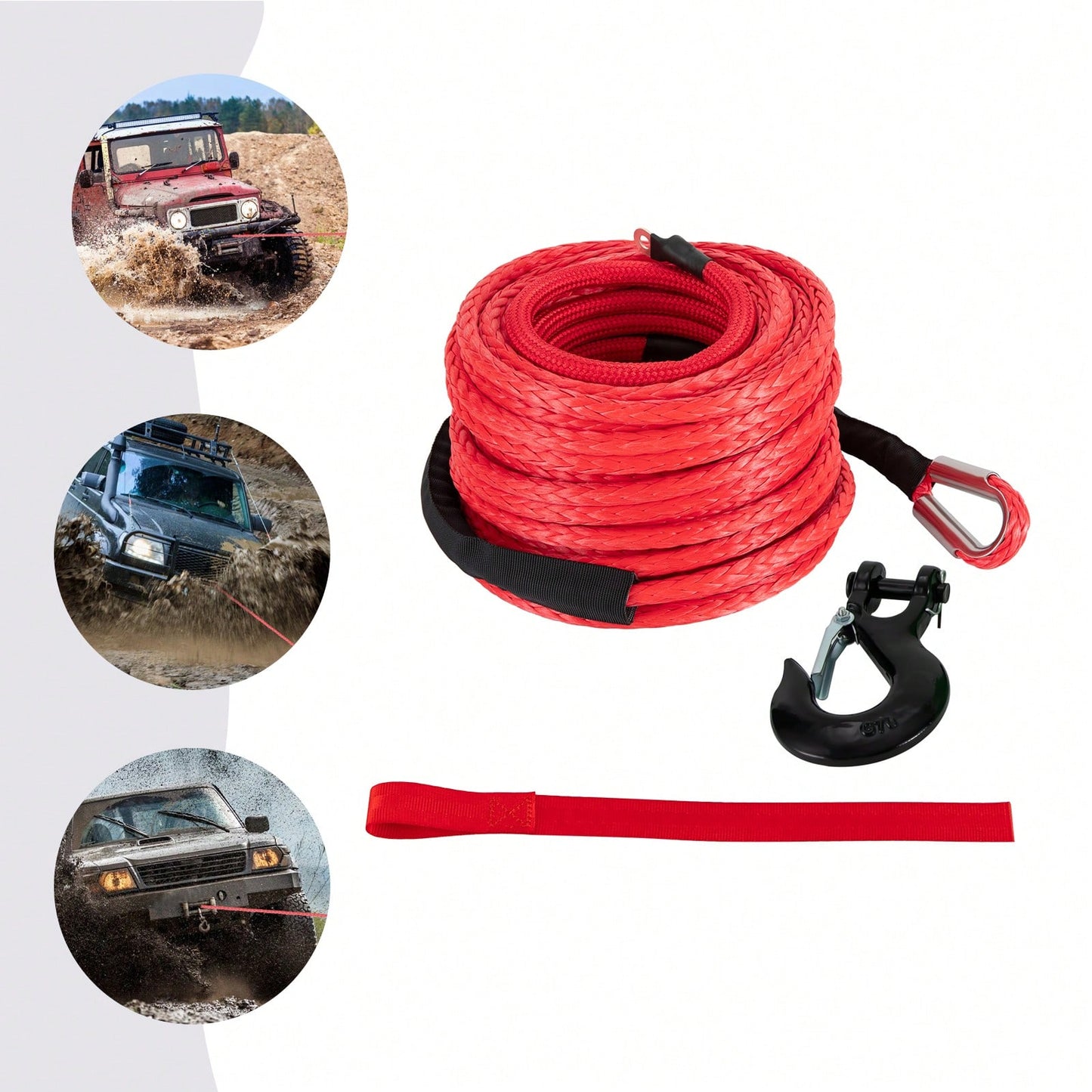 HOHOBLA (Red 1/2" X 85ft) Synthetic Winch Rope Kit, 31500lbs Winch Cable Replace Kit, W/Forged Winch Hook & Safety Pull Strap, Car Tow Recovery Cable For 4wd Off-Road Vehicle Truck SUV ATV Utv