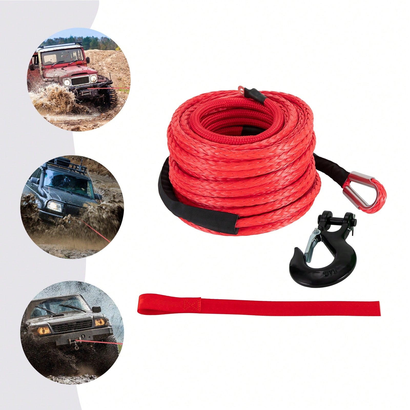 HOHOBLA (Red 1/2" X 85ft) Synthetic Winch Rope Kit, 31500lbs Winch Cable Replace Kit, W/Forged Winch Hook & Safety Pull Strap, Car Tow Recovery Cable For 4wd Off-Road Vehicle Truck SUV ATV Utv