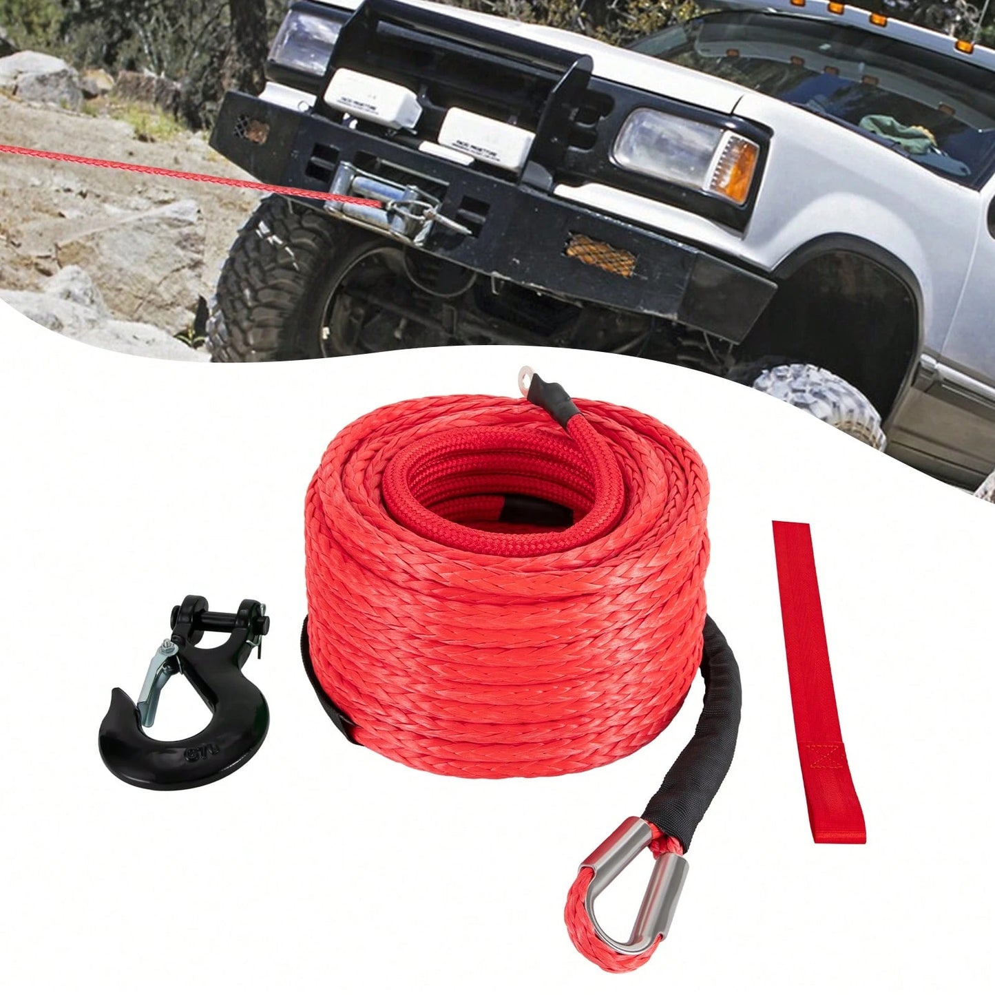 HOHOBLA (Red 1/2" X 85ft) Synthetic Winch Rope Kit, 31500lbs Winch Cable Replace Kit, W/Forged Winch Hook & Safety Pull Strap, Car Tow Recovery Cable For 4wd Off-Road Vehicle Truck SUV ATV Utv