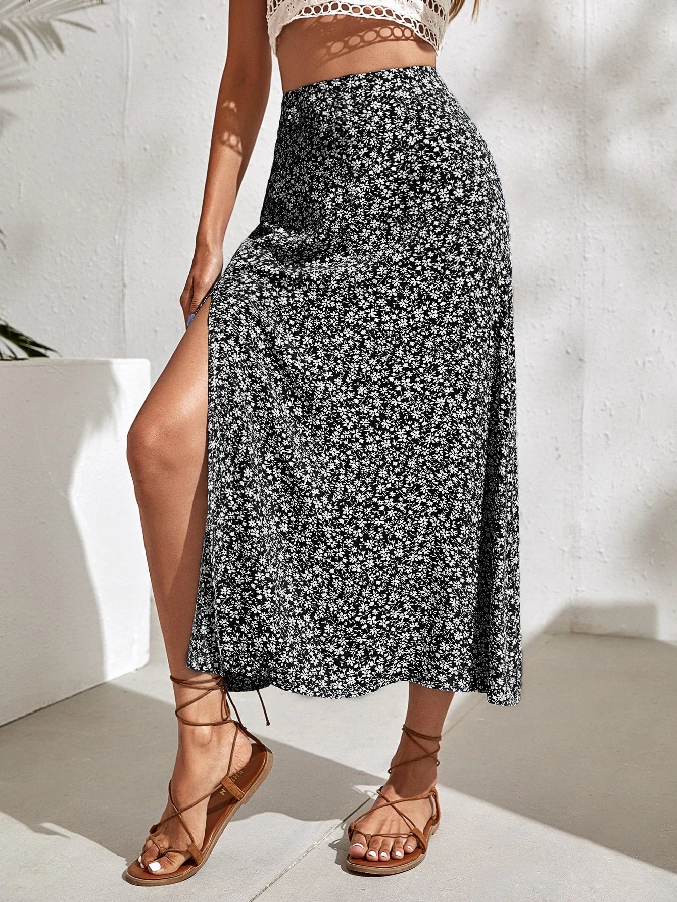 Holidaya Ditsy Floral Split Thigh Skirt Maxi Vacation Beach Outfits Women