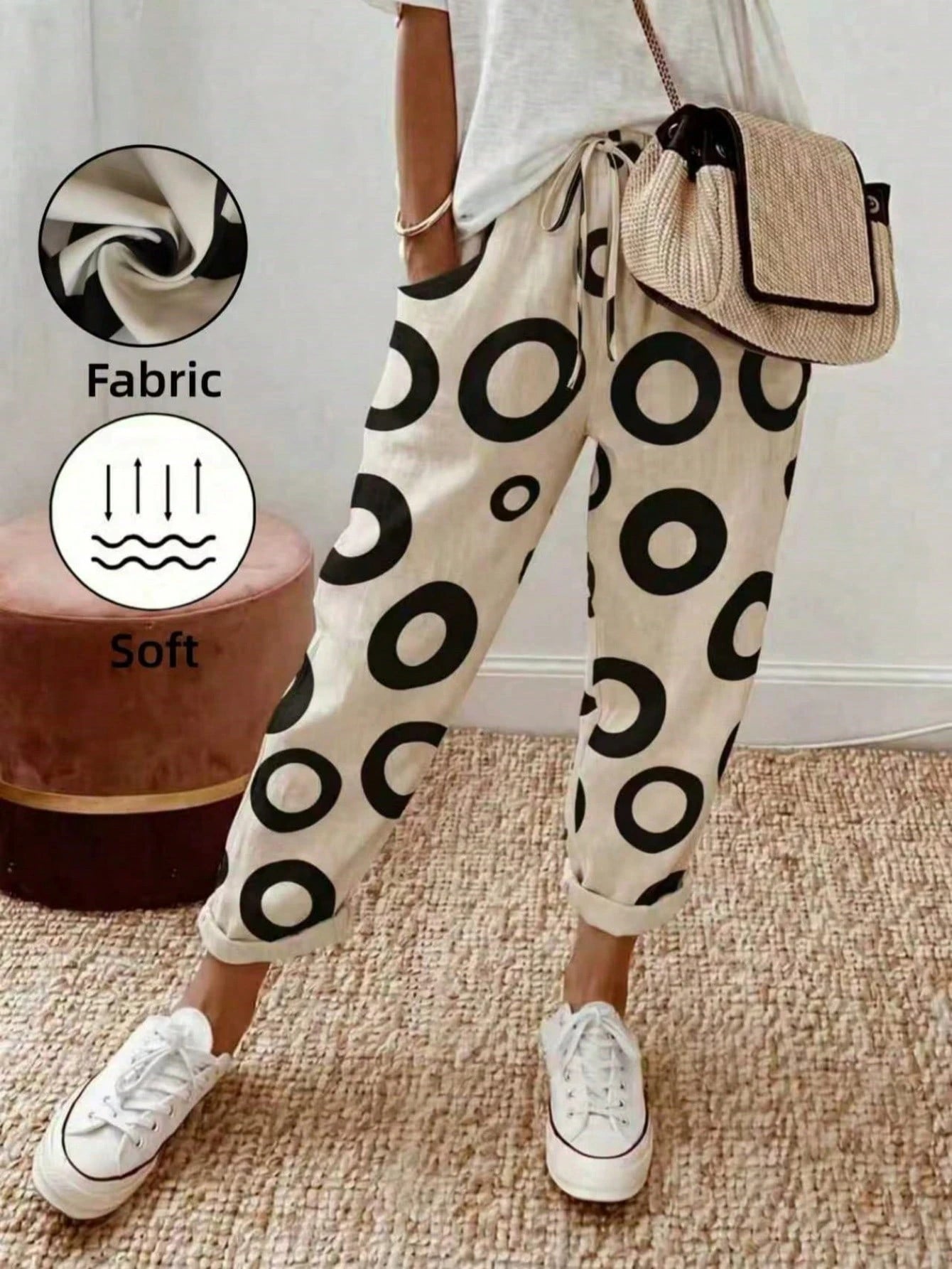 Holidaya Women's Fashion Round Pattern Waist Drawstring Long Pants