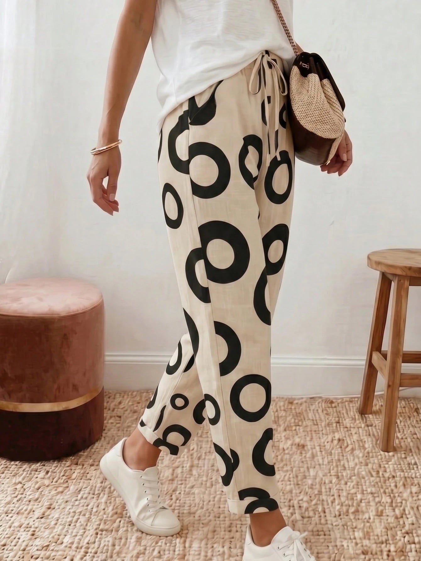 Holidaya Women's Fashion Round Pattern Waist Drawstring Long Pants