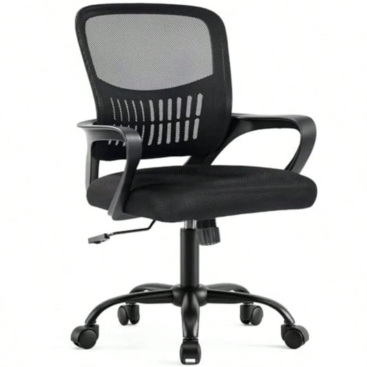 Home Office Chair, Computer Desk Chair, Lumbar Support Ergonomic Mid Back Mesh, Height Adjustable Fixed Armrest, Rocking Mode 360 Swivel, Computer Conference, Black