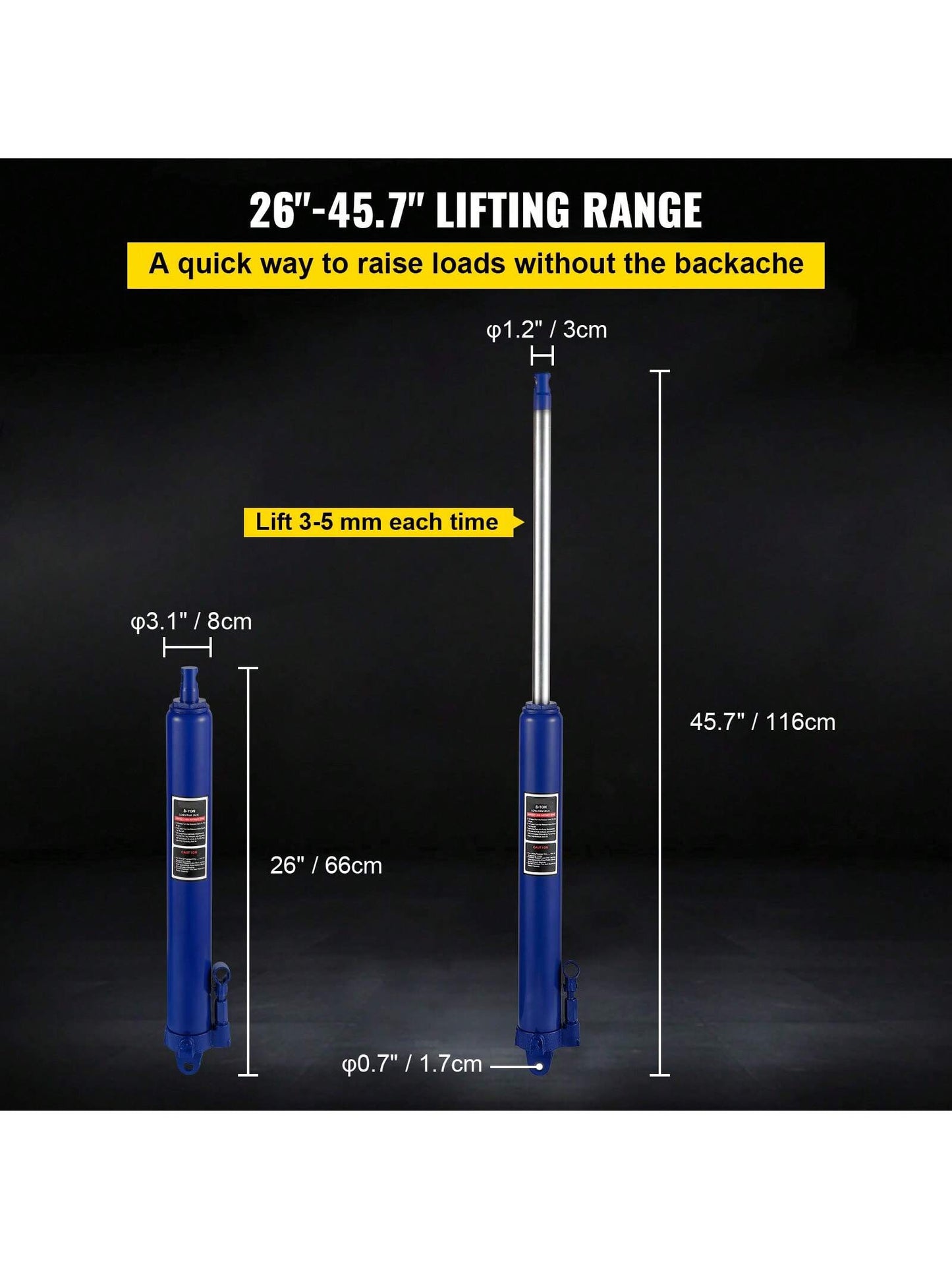 Hydraulic Pneumatic Long Ram Jack, 3 Tons 8818 Lbs To 12 Tons 26455 Lbs Capacity, With Single Piston Pump And Clevis Base Or Flat Base Manual Cherry Picker With Handle For Garage Shop Cranes Engine Li