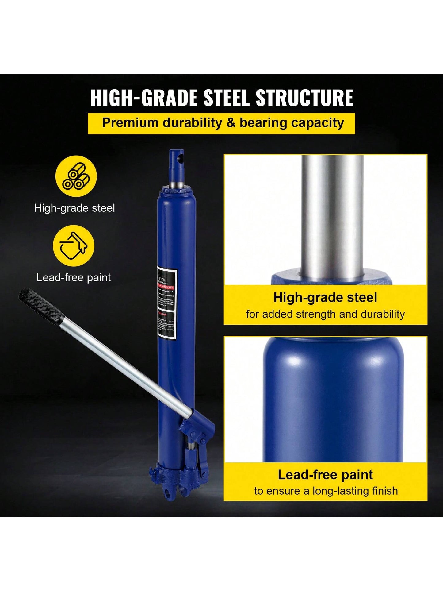 Hydraulic Pneumatic Long Ram Jack, 3 Tons 8818 Lbs To 12 Tons 26455 Lbs Capacity, With Single Piston Pump And Clevis Base Or Flat Base Manual Cherry Picker With Handle For Garage Shop Cranes Engine Li