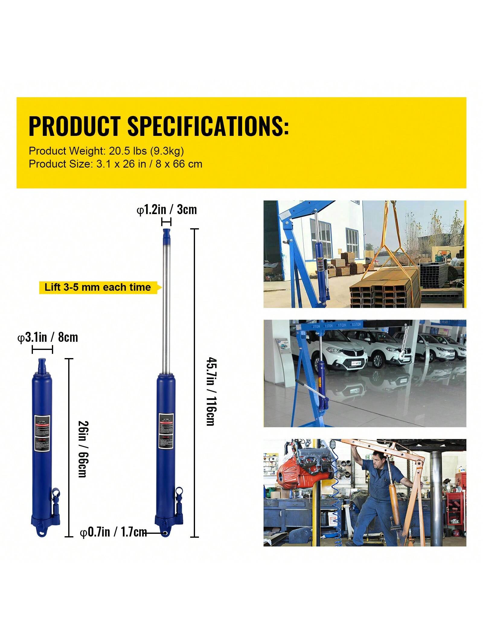 Hydraulic Pneumatic Long Ram Jack, 3 Tons 8818 Lbs To 12 Tons 26455 Lbs Capacity, With Single Piston Pump And Clevis Base Or Flat Base Manual Cherry Picker With Handle For Garage Shop Cranes Engine Li