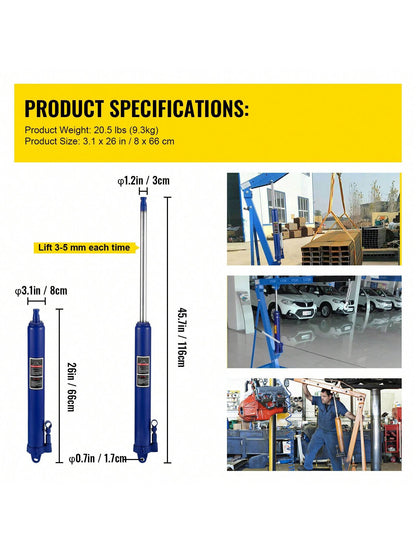 Hydraulic Pneumatic Long Ram Jack, 3 Tons 8818 Lbs To 12 Tons 26455 Lbs Capacity, With Single Piston Pump And Clevis Base Or Flat Base Manual Cherry Picker With Handle For Garage Shop Cranes Engine Li