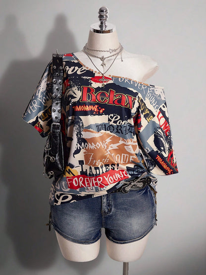 ICON Plus Size Summer Fashion Asymmetric Neck T-Shirt With Graphic & Letter Print
