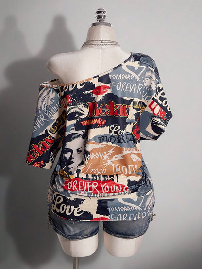 ICON Plus Size Summer Fashion Asymmetric Neck T-Shirt With Graphic & Letter Print