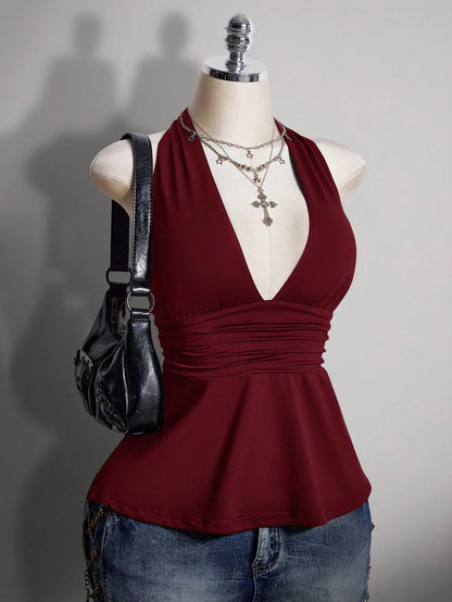 ICON Plus Size V-Neck Cinched Waist A-Line Backless Polka Dot Camisole, Retro Y2K Halter Babydoll Top