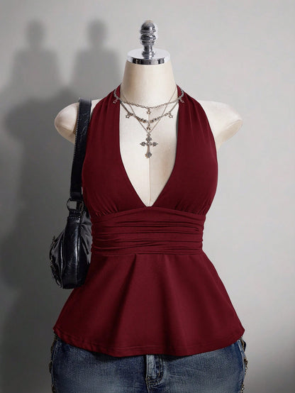 ICON Plus Size V-Neck Cinched Waist A-Line Backless Polka Dot Camisole, Retro Y2K Halter Babydoll Top
