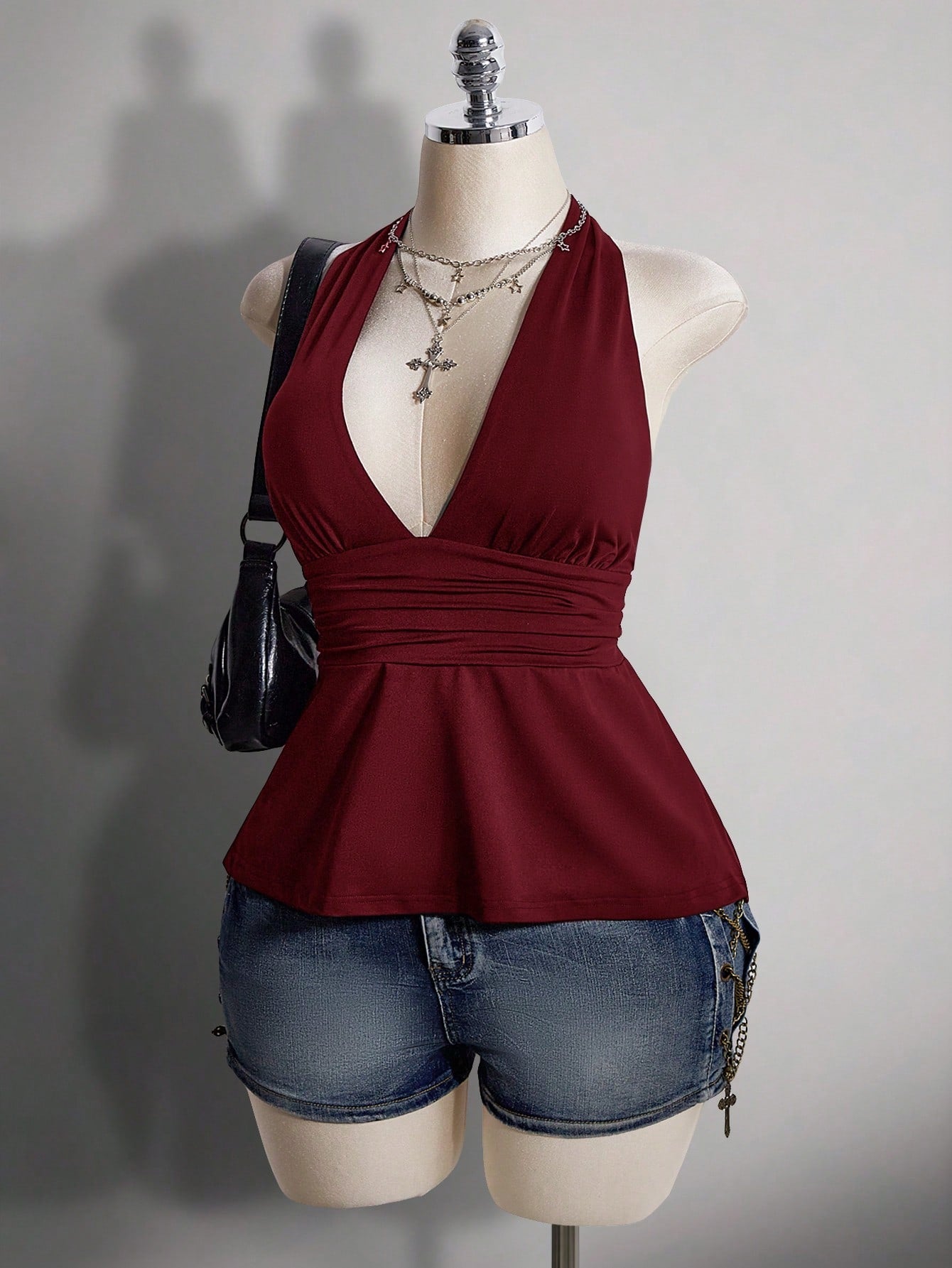 ICON Plus Size V-Neck Cinched Waist A-Line Backless Polka Dot Camisole, Retro Y2K Halter Babydoll Top