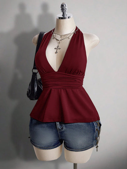 ICON Plus Size V-Neck Cinched Waist A-Line Backless Polka Dot Camisole, Retro Y2K Halter Babydoll Top