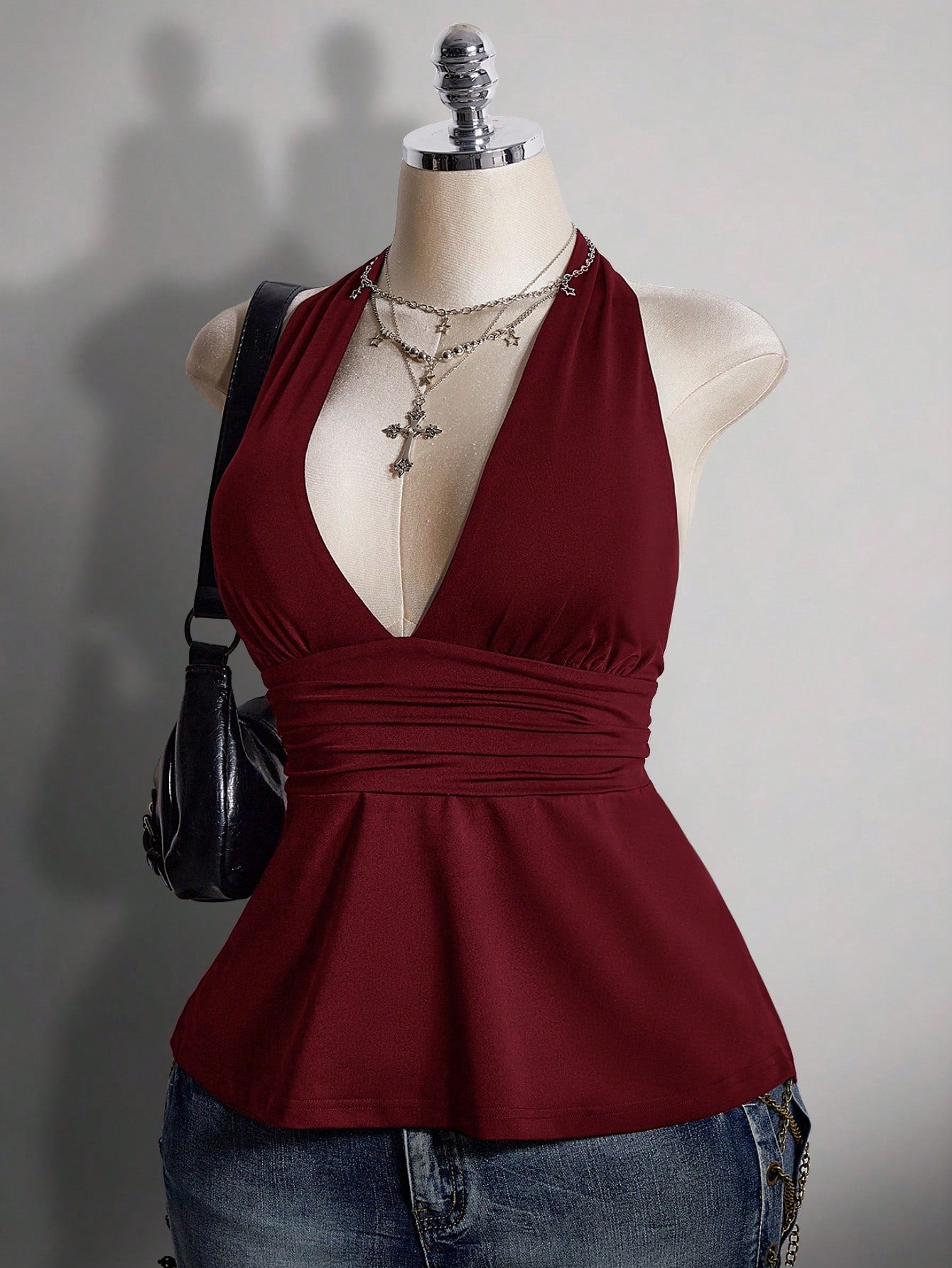 ICON Plus Size V-Neck Cinched Waist A-Line Backless Polka Dot Camisole, Retro Y2K Halter Babydoll Top