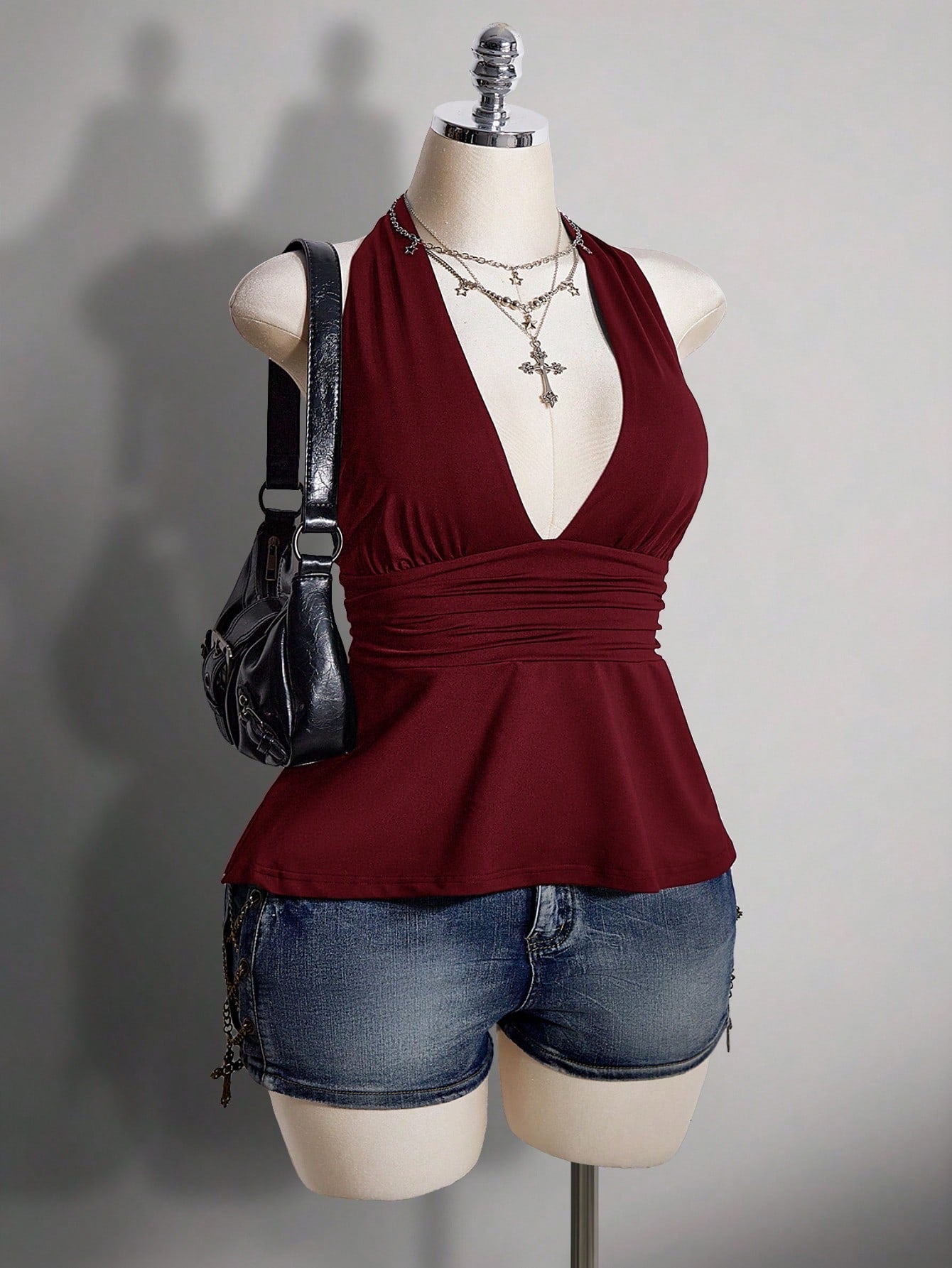 ICON Plus Size V-Neck Cinched Waist A-Line Backless Polka Dot Camisole, Retro Y2K Halter Babydoll Top