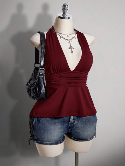 ICON Plus Size V-Neck Cinched Waist A-Line Backless Polka Dot Camisole, Retro Y2K Halter Babydoll Top