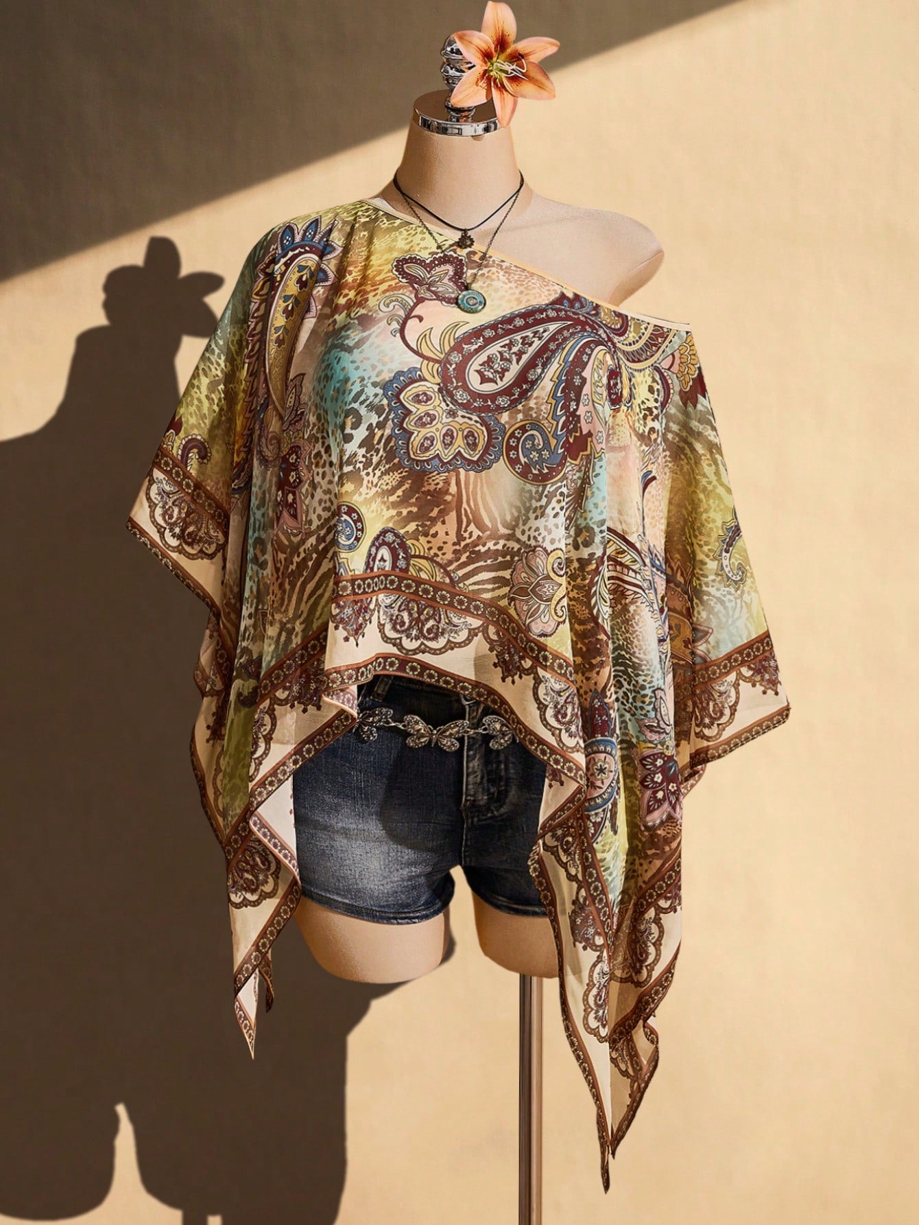 ICON Plus Size Women's Asymmetric Shoulder All-Over Print Casual 1950s Vintage 90s 1920s Versatile Daily Outing Top Vacation Beige Summer