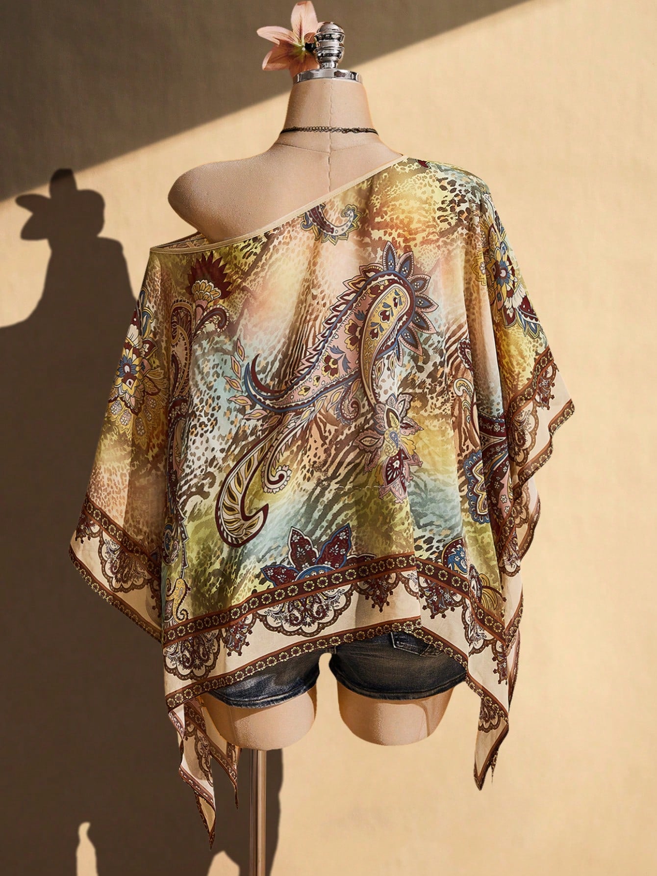ICON Plus Size Women's Asymmetric Shoulder All-Over Print Casual 1950s Vintage 90s 1920s Versatile Daily Outing Top Vacation Beige Summer