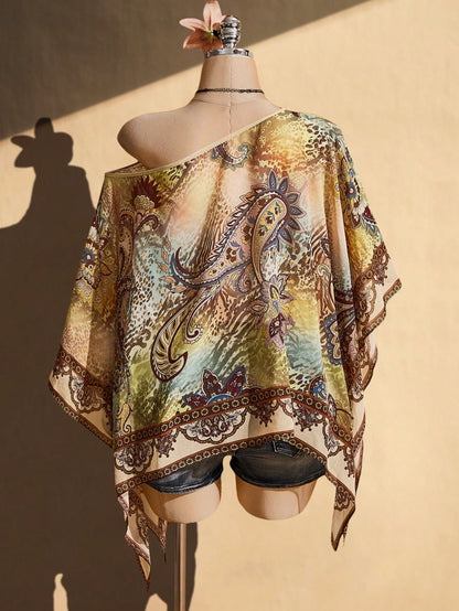 ICON Plus Size Women's Asymmetric Shoulder All-Over Print Casual 1950s Vintage 90s 1920s Versatile Daily Outing Top Vacation Beige Summer