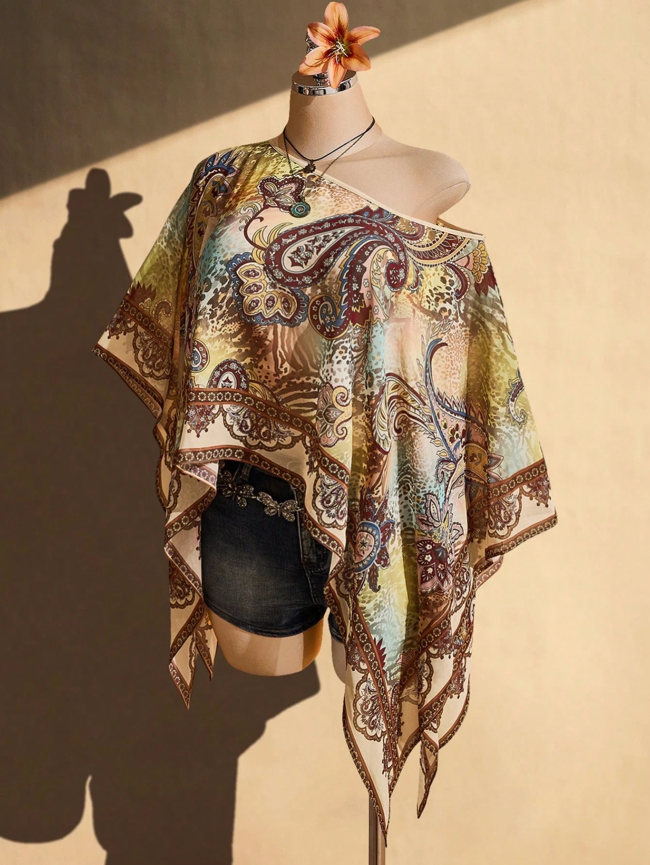ICON Plus Size Women's Asymmetric Shoulder All-Over Print Casual 1950s Vintage 90s 1920s Versatile Daily Outing Top Vacation Beige Summer