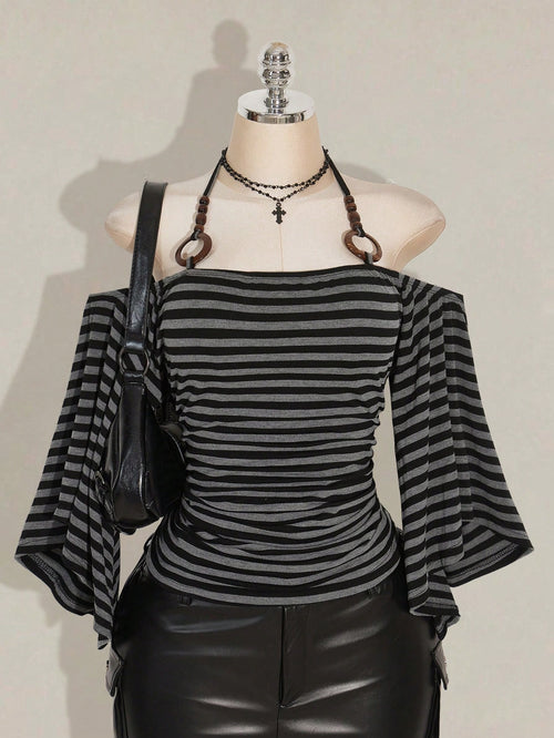 ICON Plus Size Women Y2K Grunge Retro Black Off-Shoulder Flare Sleeve Halter Neck Fashionable T-Shirt, Avant-Garde, Streetwear, Casual Knit Top Concert