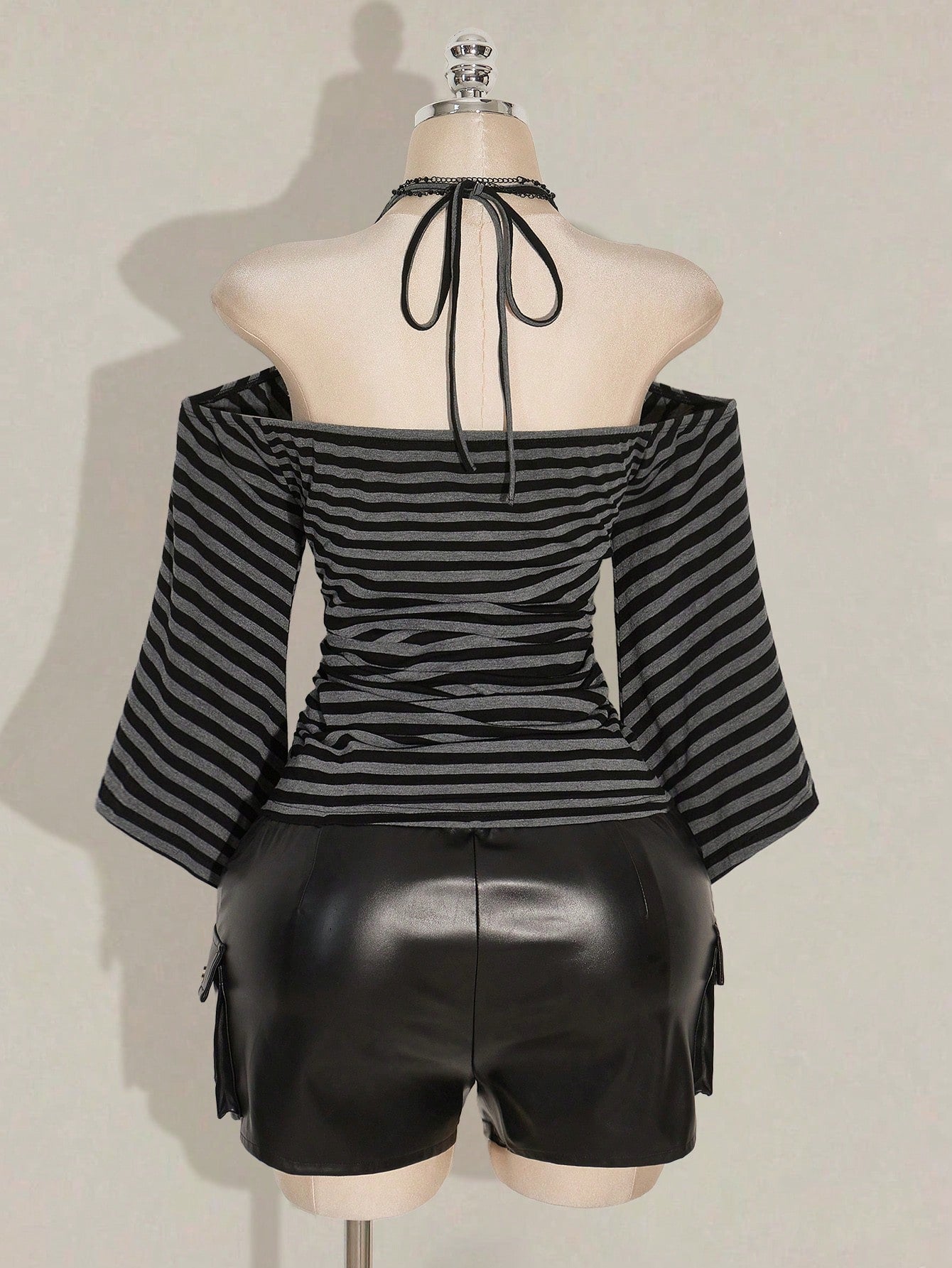 ICON Plus Size Women Y2K Grunge Retro Black Off-Shoulder Flare Sleeve Halter Neck Fashionable T-Shirt, Avant-Garde, Streetwear, Casual Knit Top Concert