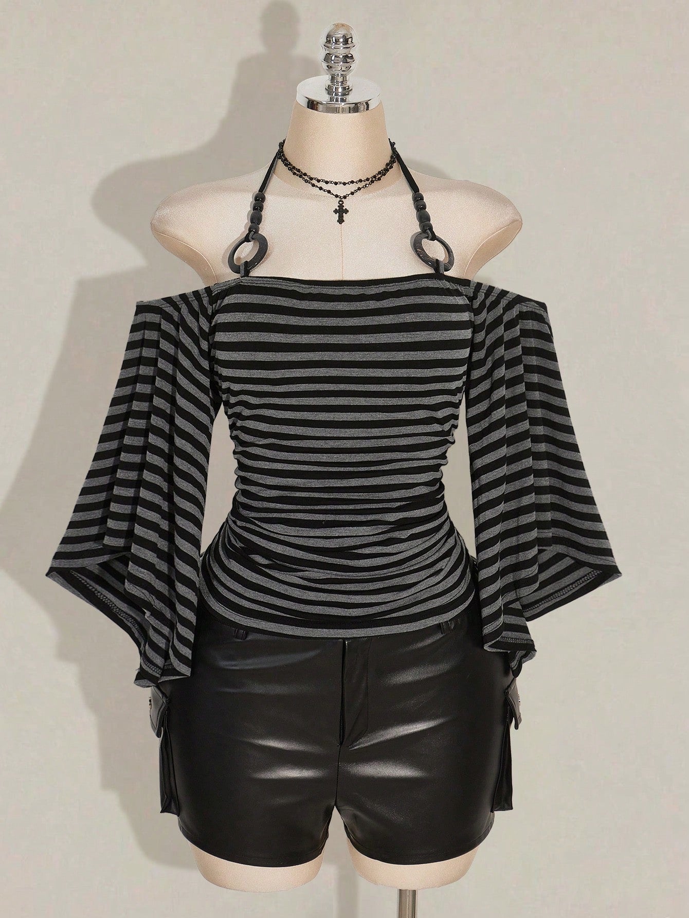 ICON Plus Size Women Y2K Grunge Retro Black Off-Shoulder Flare Sleeve Halter Neck Fashionable T-Shirt, Avant-Garde, Streetwear, Casual Knit Top Concert